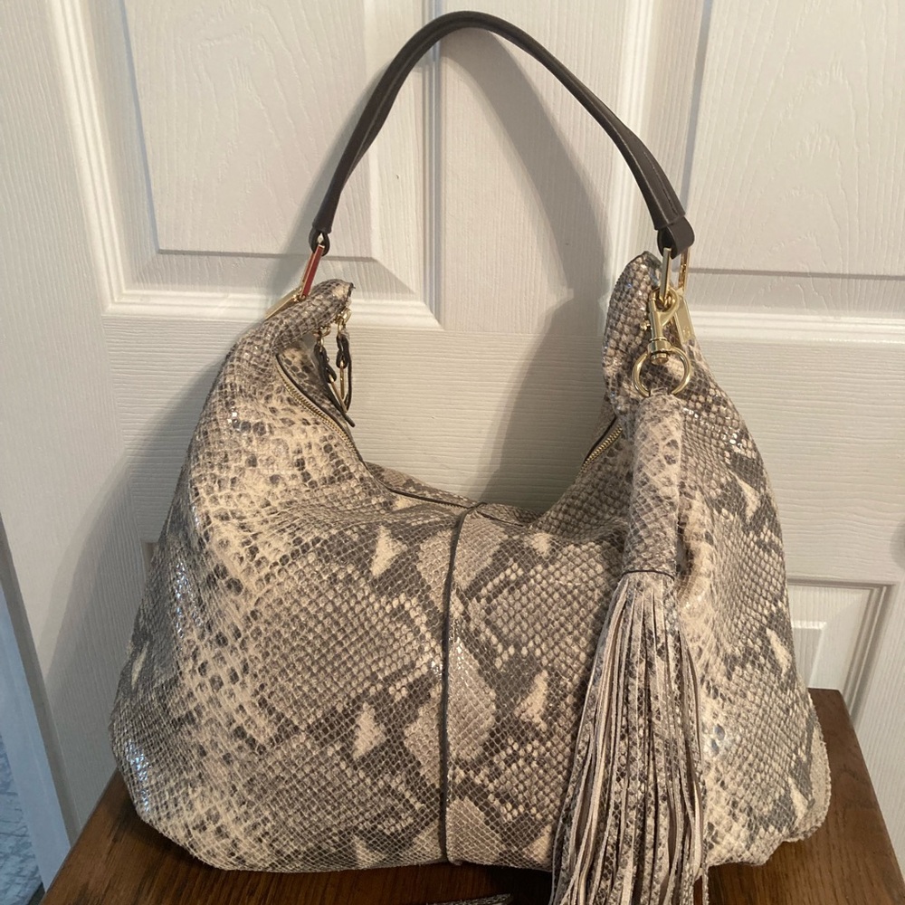 Snakeskin Patterned Hobo Bag with Tassel